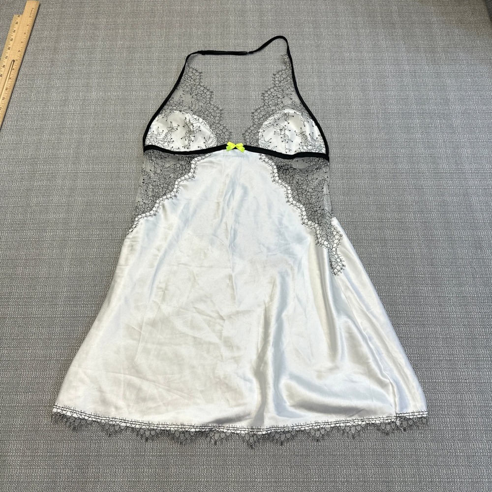 Victorias Secret Satin Lace Slip L White Black Sheer Mesh Gothic Romantic Y2K